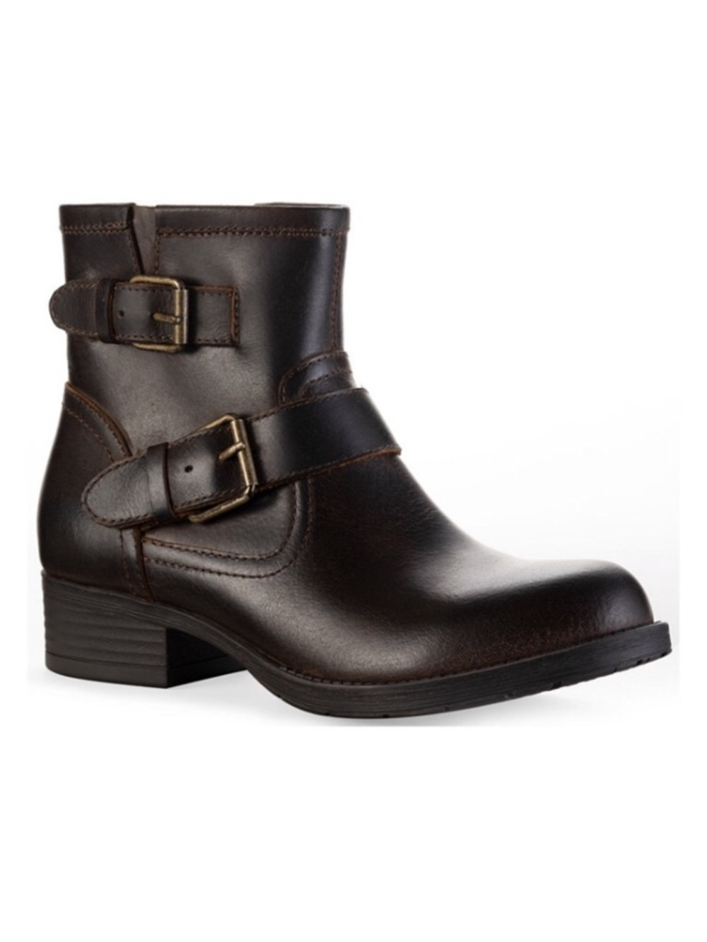 SUN + STONE LEATHER BOOTIES *BROWN *BRASS BUCKLES *NEW IN BOX SIZE 6 ANKLE BOOTS